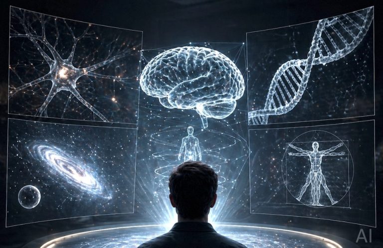 Wissenschaftlich Person betrachtet holographische Darstellungen von Gehirn, DNA und Galaxien.