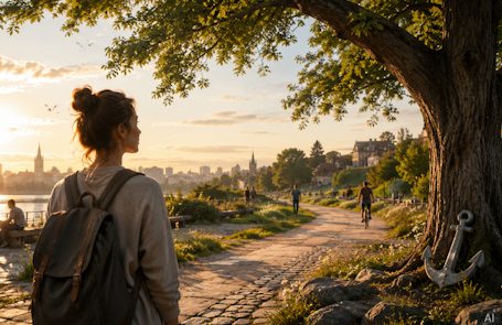 Deine Reise Mann meditiert vor einem Fenster mit fantastischer Landschaft und leuchtenden Figuren.