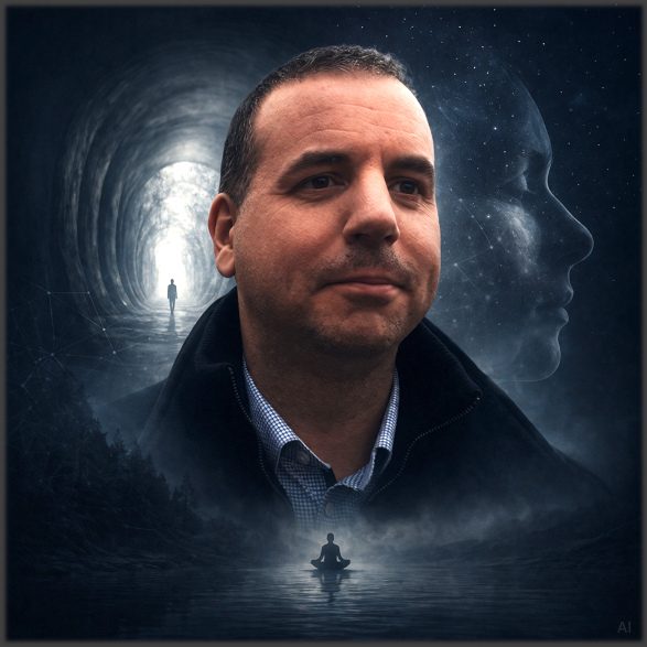 Der Autor der Seite Ein Mann steht vor einem mystischen, dunklen Tunnel mit einer gesichtlichen Silhouette im Hintergrund.