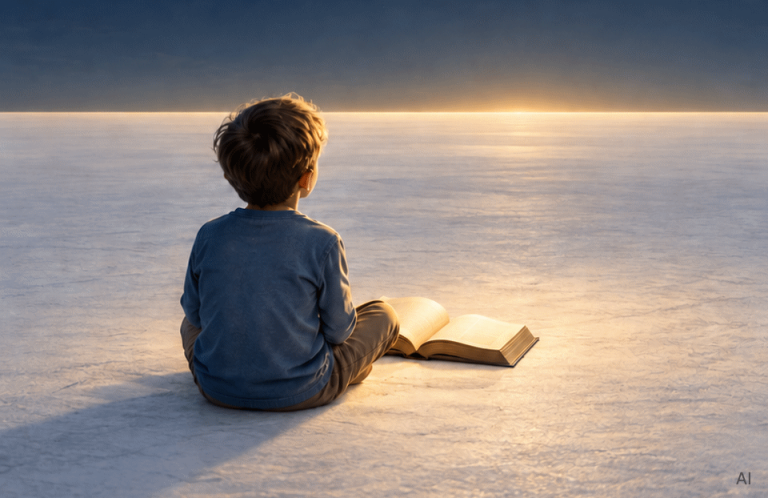 Hinter dem Horizont Ein Kidn sitzt neben einem Buch und schaut auf den Horizont wo die Sonne unter geht.