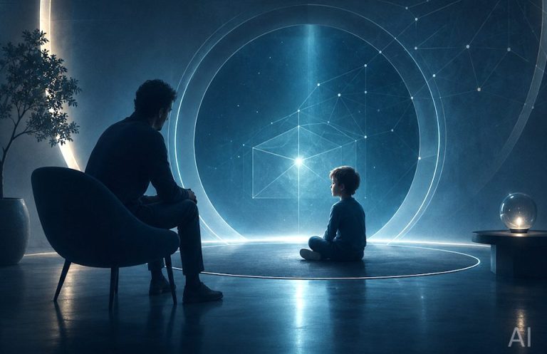 Kindheit reflektion Ein Erwachsener sitzt auf einem Stuhl, während ein Kind meditativ im Lichtkreis sitzt.