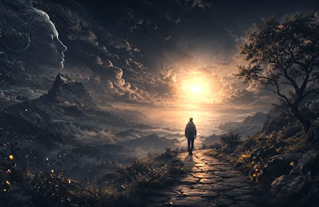 Dein Leben Menschliche Silhouette sitzt in einem Raum und betrachtet eine projizierte, futuristische Landschaft.